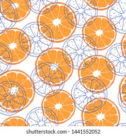 Seamless pattern with orange slices on white background. Surface pattern.It be perfect for fabric, wrapping, packaging, digital paper and more.