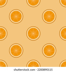 Seamless pattern of orange slices on yellow background. Print for kitchen wallpaper with citrus fruits. Oranges background.