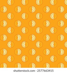 Seamless pattern of orange slices on a yellow background. Vector illustration