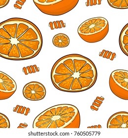 Seamless pattern of orange slices and orange peel on a white background. Hand drawing. Vector illustration of citrus.