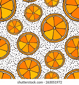 Seamless pattern with orange slices and small blobs. Citrus pattern. 
