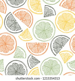 Seamless pattern with orange slices. Vintage citrus background isolated on white. Vector exotic fruits illustration.