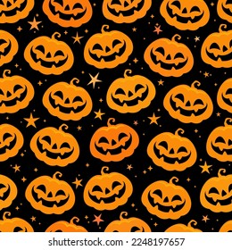 Seamless pattern of orange smiling Halloween pumpkins