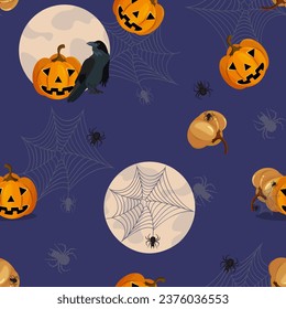 Seamless pattern of orange smiling Halloween pumpkins and black raven against the background of the moon.