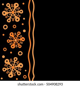 Seamless pattern of orange snowflakes and dots on black background. Vertical vector abstract design in orange colors with copy space (place for your text).