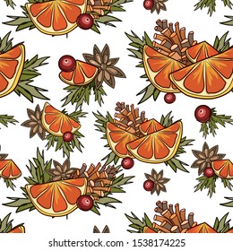 Seamless pattern of orange spice and fir cones on transparent background. Christmas pattern white background with berries. Patern in vector drawn by hand.
