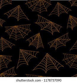 Seamless pattern with orange spider web on a black background.