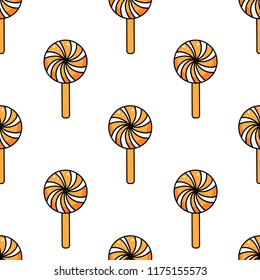 Seamless pattern with orange spiral lollipops on a white background. Vector illustration.