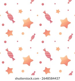Padrão contínuo com estrelas laranja, doces cor-de-rosa e confetes em um fundo branco. Estilo de vetor de gradiente plano festivo. Perfeito para produtos infantis, embrulho de presente, tecido e decoração de festa.