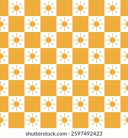 Seamless pattern with orange suns and a checkerboard pattern