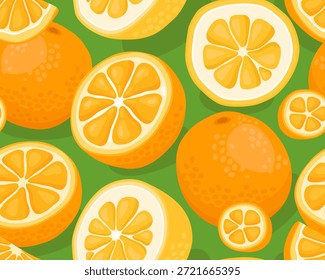 Padrão contínuo, laranjas doces cor de laranja ou tangerinas em um fundo verde, citrinos tropicais, fundo brilhante.