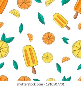 Seamless pattern with orange, tangerine and lemon on white backgrond. Orange ice cream with leaves and fruits on white background