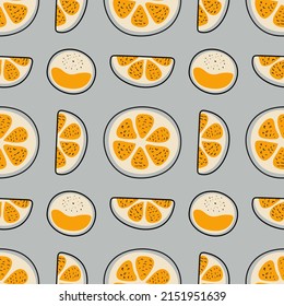 Seamless pattern of orange and tangerine on a gray background. Pieces of fruit. Vector illustration