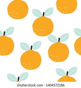 Seamless pattern with orange tangerine. Vector illustration for printing on fabric, packaging paper, Wallpaper, poster, banner. Cute baby background. 