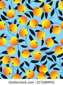 Seamless pattern with orange tangerines and black leaves. Vector illustration.