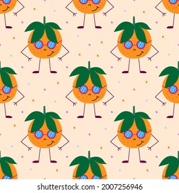 Patrón sin foco con mandarinas anaranjadas y hojas verdes. Fondo ligeramente naranja con puntos. Ilustración vectorial.