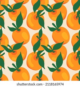Seamless pattern with orange tangerines and green leaves. Light background. Vector illustration, flat design. Hand-drawn cartoon.
