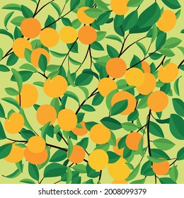 Patrón sin foco con mandarina de mandarina naranja y hojas verdes. Fondo ligeramente naranja. Ilustración vectorial.