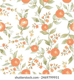 seamless pattern, orange tangerines or oranges with green leaves on a white background. design for textiles, clothing, wrapping