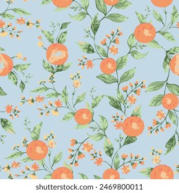 seamless pattern, orange tangerines or oranges with green leaves on a blue background. design for textiles, clothing, wrapping