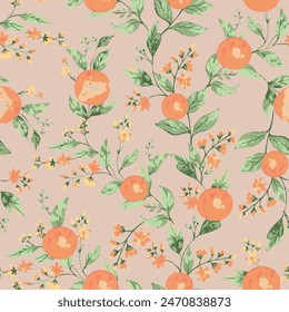 seamless pattern, orange tangerines or oranges with green leaves on a pastel pink background. design for textiles, clothing, wrapping