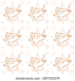 Patrón sin foco con tigre anaranjado, árboles de Navidad y galleta de pan de jengibre sobre un fondo blanco. Para el año nuevo festivo y el diseño de navidad, disposición, banner, papel pintado, saludos, textil, envoltura