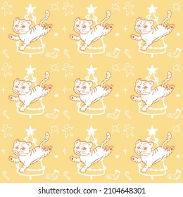 Seamless pattern with orange tiger, Christmas trees and gingerbread cookie on yellow background. For festive new year and christmas design, layout, banner, wallpaper, greetings, textile, wrapping