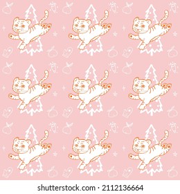 Seamless pattern with orange tiger, Christmas trees and gingerbread cookie on pink background. For festive new year and christmas design, layout, banner, wallpaper, greetings, textile, wrapping