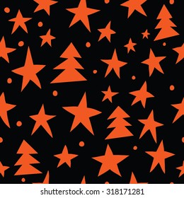 Seamless pattern with orange trees and stars on a black background.
