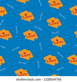 Seamless pattern of orange T-shirt love word inside, blue background for paper print, textile fabric. Vector design.  