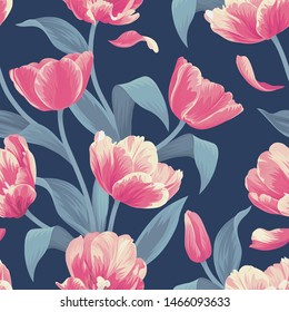 Seamless pattern of orange tulip flowers background. Vector set of blooming floral for holiday invitations, greeting card and fashion design.