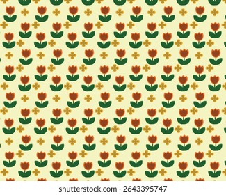 Seamless Pattern with Orange Tulips and Clover Flowers