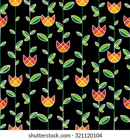 Seamless pattern with orange tulips and green leaves on the black background. Wallpaper or textile design.