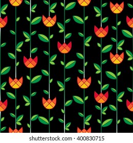 Seamless pattern with orange tulips and green leaves on the black background. Wallpaper or textile design.