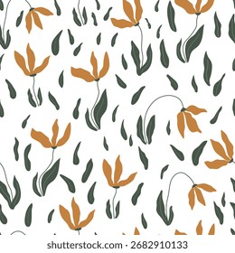 Patrón sin fisuras con tulipanes naranjas y hojas sobre fondo blanco. Ilustración de Vector con flores y hojas.
