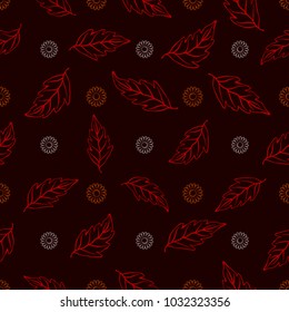 Seamless pattern of orange and white daisies with red leaves