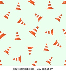Um padrão contínuo de cones de tráfego listrados laranja e branco espalhados aleatoriamente em um fundo verde claro.
