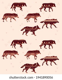 seamless pattern of orange wolves silhouettes with ethnick ornament on light backgroung