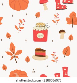 Seamless pattern with orange and yellow autumn leaves, with rowan, cheesecake, and jam. Perfect for wallpaper, gift paper, pattern filling, web page background, autumn greeting cards.