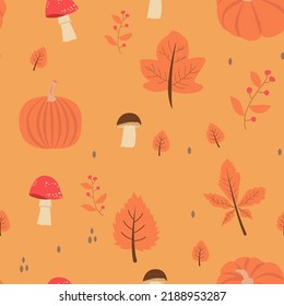 Seamless pattern with orange and yellow autumn leaves, with rowan and mushrooms. Perfect for wallpaper, gift paper, pattern filling, web page background, autumn greeting cards.
