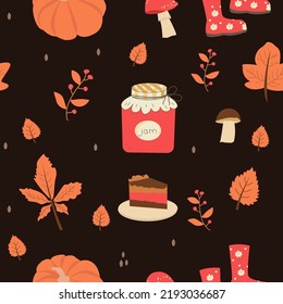Nahtloses Muster mit orangefarbenen und gelben Herbstblättern, mit Rowan, Käsekuchen und Marmelade. Perfekt für Tapete, Geschenkpapier, Musterbefüllung, Webseitenhintergrund, Herbstgrußkarten.