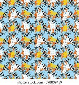 Seamless pattern with orange, yellow, black and white elements on blue background