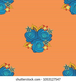 Seamless pattern with orange, yellow and blue rose flowers, vector floral illustration in vintage style.