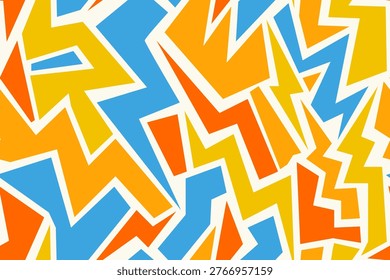 Seamless pattern with orange, yellow, and blue lightning bolt shapes on a beige background. This energetic, urban style abstract is perfect for youth apparel, bold textile prints.