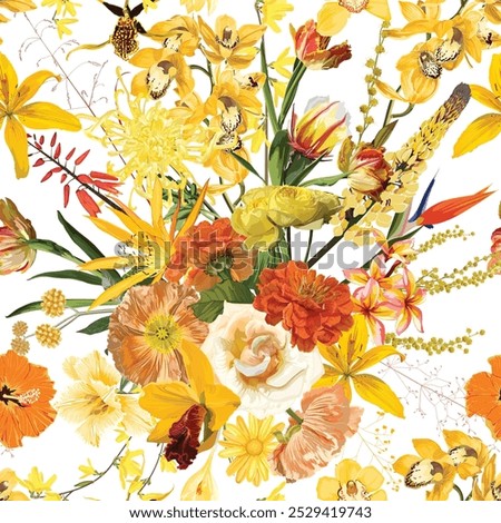 Seamless pattern with orange and yellow  flowers and exotic tropical leaves. White background design. Best for print, textile, wrapping paper.
