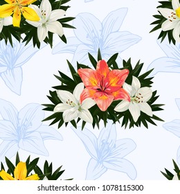 Seamless pattern. Orange, yellow lily flowers on a blue background.