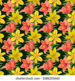 Seamless pattern. Orange and yellow lily flowers on a green background.