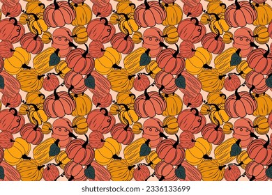 seamless pattern of orange and yellow pumpkins, autumn vector illustration