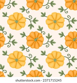 Seamless pattern of orange and yellow pumpkins with leaves top view in flat style. Background for Halloween, harvest, autumn.