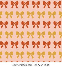 Seamless pattern with orange and yellow ribbon bows on a pastel pink background. Perfect for gift wrapping, festive decor, and fabric designs.